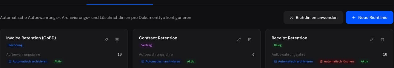 Aufbewahrungsrichtlinien je Dokumentart mit Jahren und Automatik