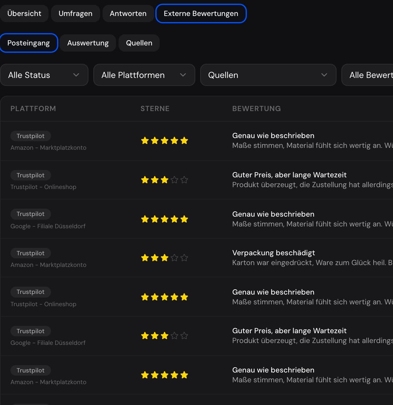 The review inbox with platform, stars and review text