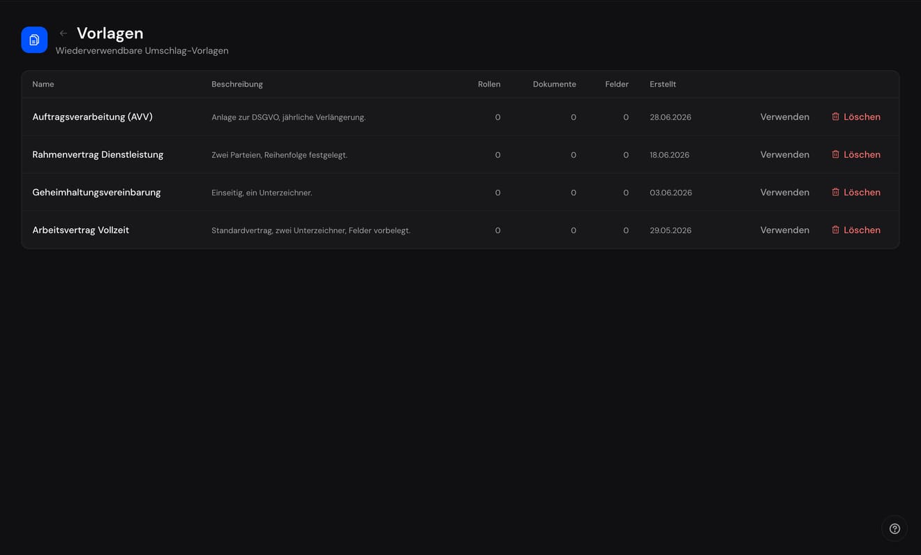 Template list for recurring contracts